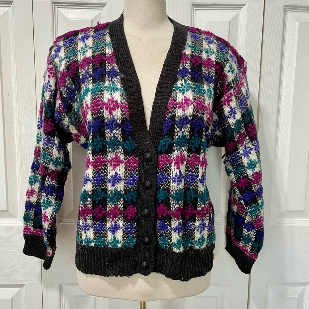 Vintage La Moda Hand Loomed Multicolor Button-Up Women Cardigan Large